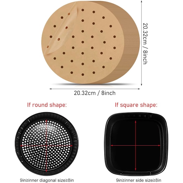 100 ark 8\" perforeret bagepapir til airfryer, dampkoger, non-stick bagepapir