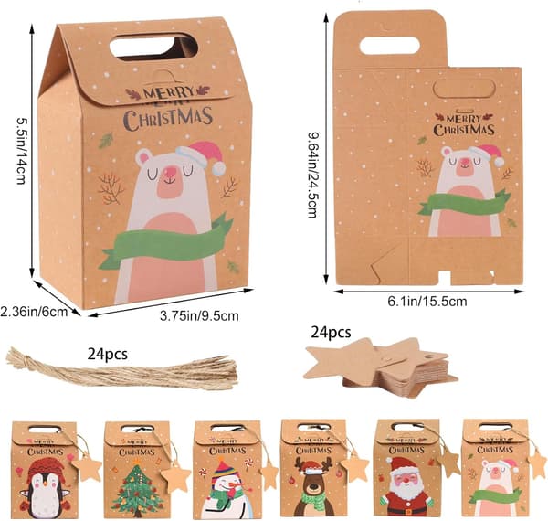 24 stycken julkalaspresentaskar Jul Kraftpapper Godisaskar Julklappspåsar Julpapperspåse Adventskalenderlåda