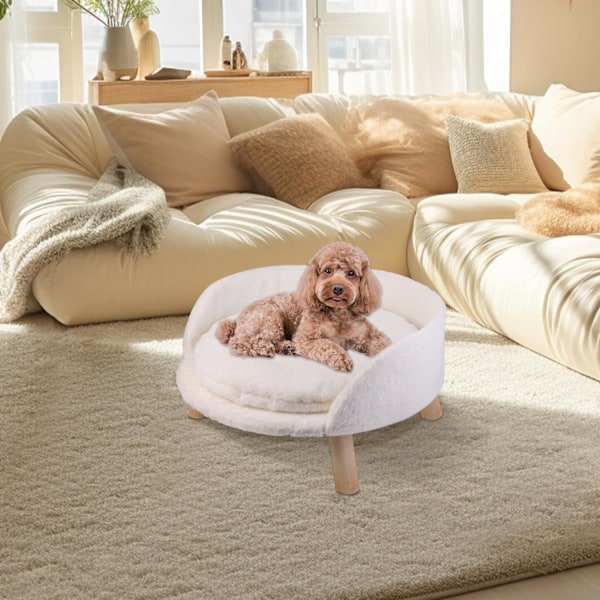 Katt Soffa Stol Säng med Avtagbar Vattentät Matta - Upphöjd Plysch Päls Hund Kattunge Soffa med Träben Ram (Dia 35cm)
