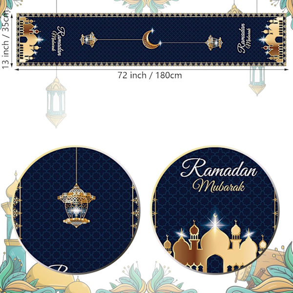 Eid Ramadan Mubarak Bordløper, 14x71 Tommer Stjerne Måne Moské Dekorativ, Polyester Bordduk Dekor for Hjem Spisestue