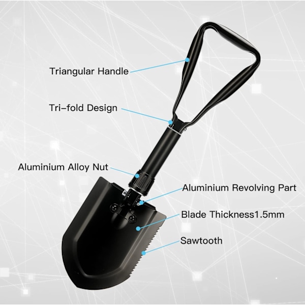 58cm Sammenleggbar Spade, Ekstra Stabil Høyfast Karbonstål Multifunksjonsspade med Bæreveske