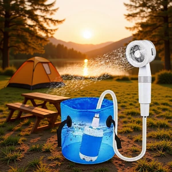 Uppladdningsbar campingduschpump - justerbart flöde för bekväm resa.