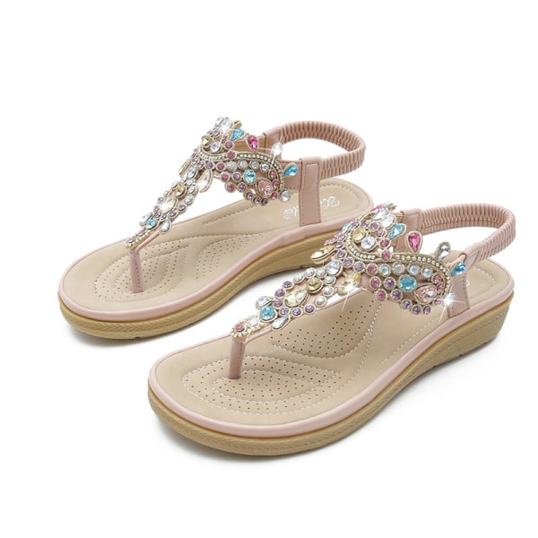 Sommar ny stil bohemisk sandal mode strass platta sandaler för kvinnor pink 38