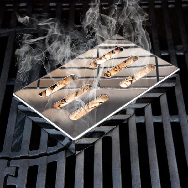 Røgboks i rustfrit stål - tilbehør til gasgrill eller kulgrill, 21x13x3,5 cm, sølv