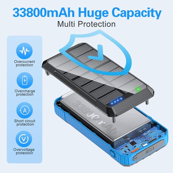Solar Power Bank Trådløs Oplader 33800mAh Blue