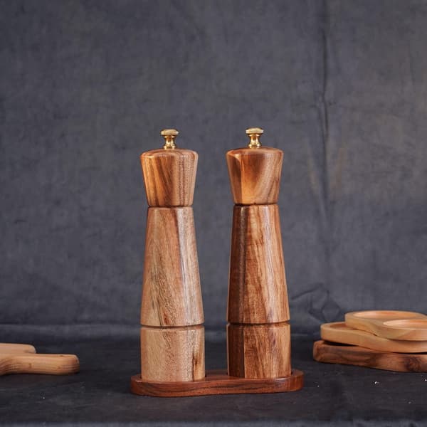 Salt- och pepparkvarnsbricka, innerdiameter 5,5 cm, akaciaträ, pepparkvarnsstöd (pepparkvarn och saltkvarn ingår ej)