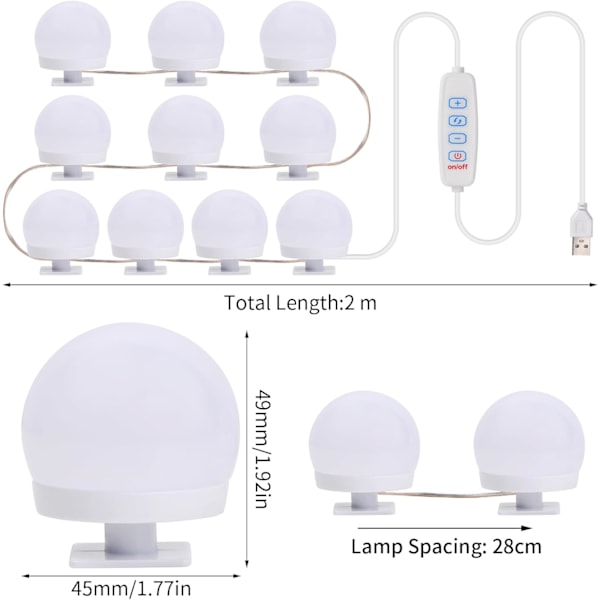 Sminkspegelbelysningsset, 10 Glödlampor Hollywood-Stil LED-Sminkslampor med USB-Kabel, 3 Färgväxlande, Sminkslampa