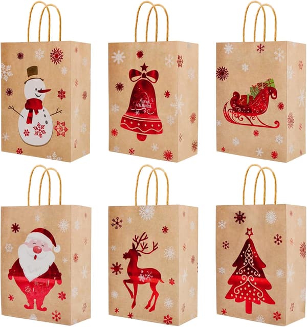 24 st Julklappspåsar, Bruna Julpåsar av Papper, Julgodispåsar, Presentpåsar med Handtag, Julpresentpåsar