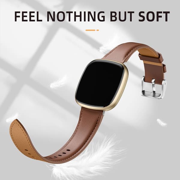 Læderrem Kompatibel med Fitbit Versa 3/Fitbit Sense 2/Sense Rem, Ægte Læder Elegant Udskiftningsrem, Brun