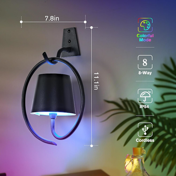Batteridrevne væglamper, 2 stk. RGB genopladelig væglampe, dæmpbar trådløs LED væglampe IP54 vandtæt væglampe