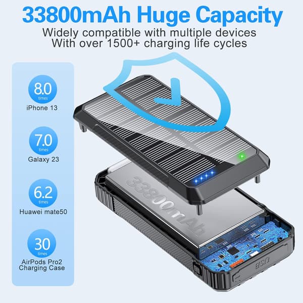 Solar Power Bank Trådløs Lader 33800mAh Black