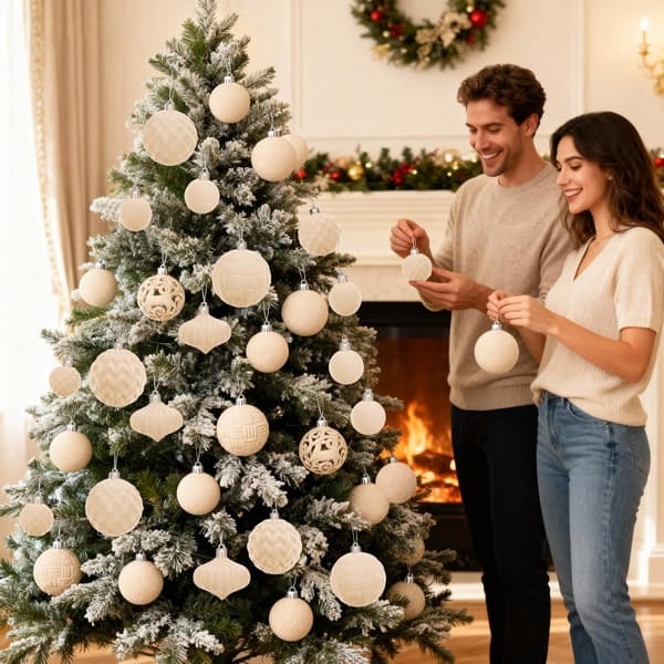 Fløyelsmyke Julekulepynt Sett - 48 stk. Julekuler i Plast, Assorterte Størrelser (Beige)