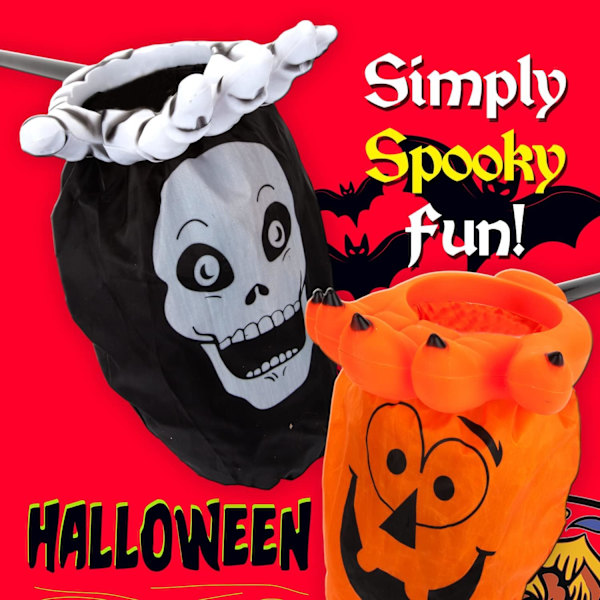 Karkki vai kepponen -kassi - Karkkikassi tikulla, saaliskassi, Halloween-kassi, pääkallokuvio, Halloween-asusteet, pelottavat juhlatarvikkeet