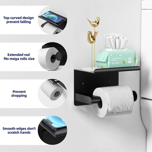 Passer til Mega Rolls Størrelse Mat Sort Toiletpapirholder med Hylde, Rustfri Rustfrit Stål Selvklæbende Toiletpapirholder