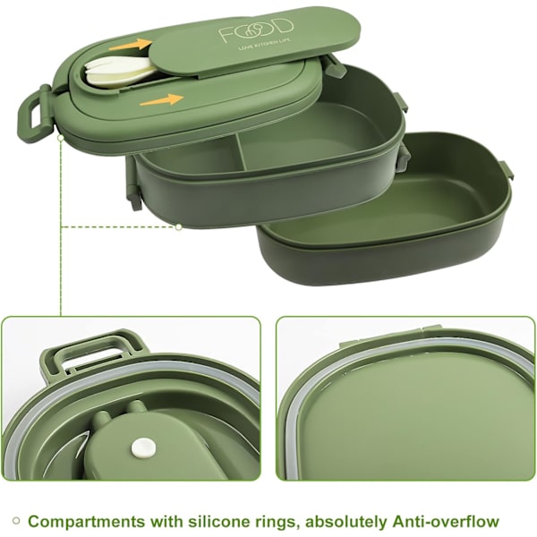 2-lagers lunchlåda: 1550 ml Bento-låda med 3 fack bestickset - BPA-fri plastfack lunchlåda