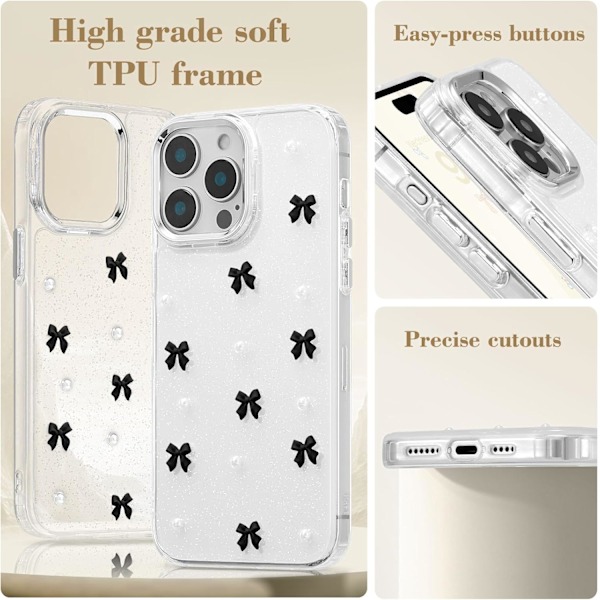 Etui til iPhone 14 Pro, Bling Glitter 3D Sløjfe Telefon Etui Sødt Glitrende Krystalklart Slankt Blødt Holdbart Beskyttelsescover Black iPhone 14 Pro
