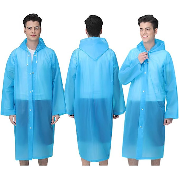 Regnponchos för vuxna återanvändbara, 2 st regnrockar nöd för kvinnor män med huva och dragsko vuxna poncho-blå