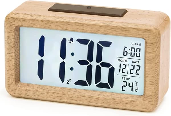 Digital väckarklocka, träklocka för sängbordet med stor LCD-bakgrundsbelyst display, temperatur, 3 AAA-batterier drivs【Batterier ingår INTE】