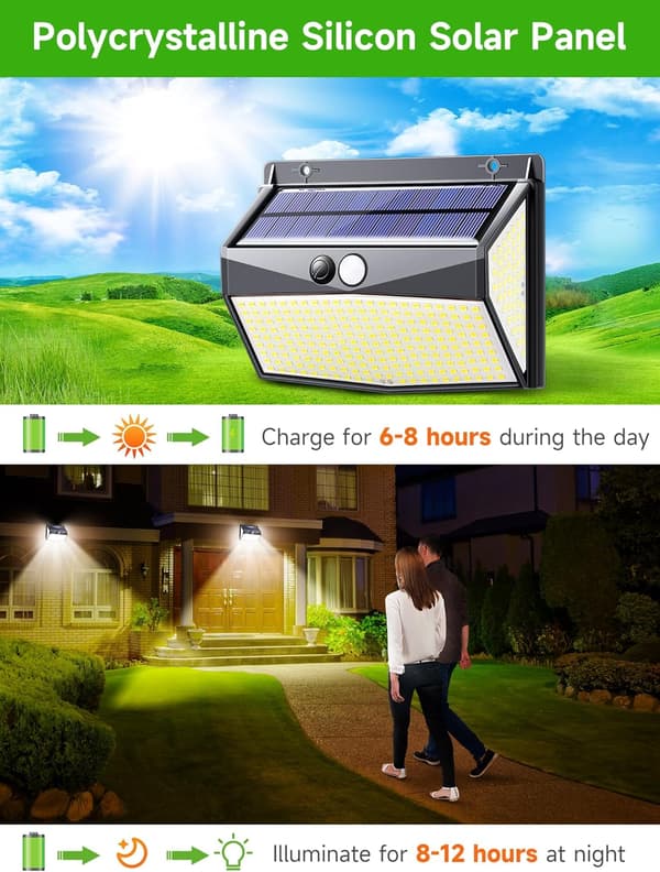 Solcellelampe Utendørs, 【318LED 2000LM】Solcellelampe Utendørs Bevegelsessensor, 3 Lysmoduser, IP65 （2 stk）