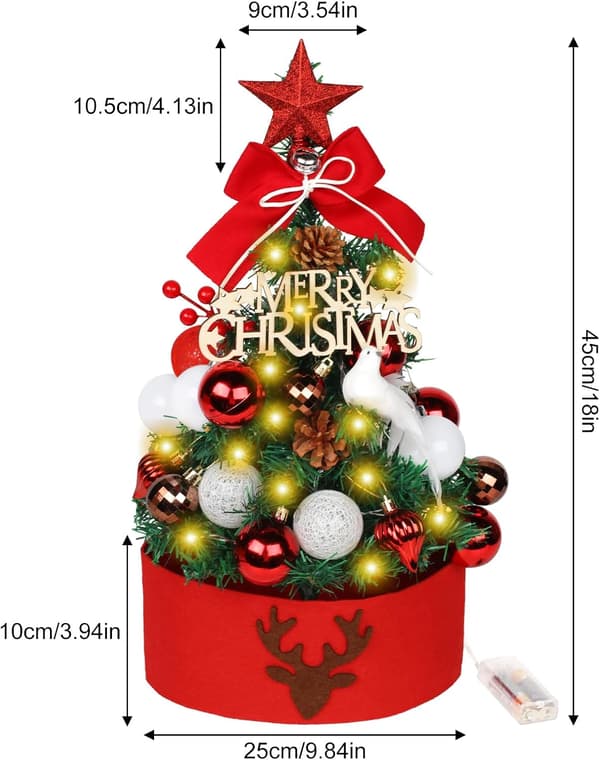 Juletræ med LED-lys, 45 cm minijuletræ lille grantræ julepynt DIY-artikler (rød)