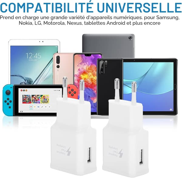 Pakke med 2 raske USB-ladeadaptere for Samsung S22/S21/S20/S10/S10E/S6/S7/S8/S9/Edge/Plus/Active/A72/A53 5G, Note 5/8, Note 9