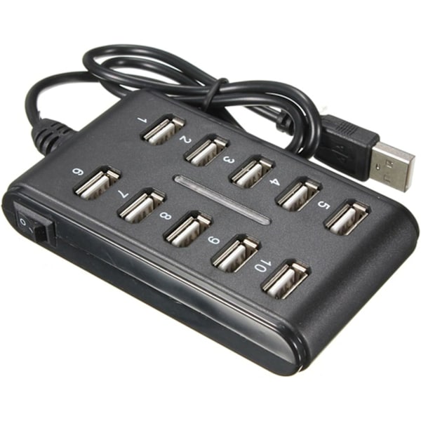 10 Ports HUB - Slank Høyhastighets USB 2.0 Multi Ekspansjon - Plug and Play Kompatibel med PC Windows og Mac Datamaskiner - SVART