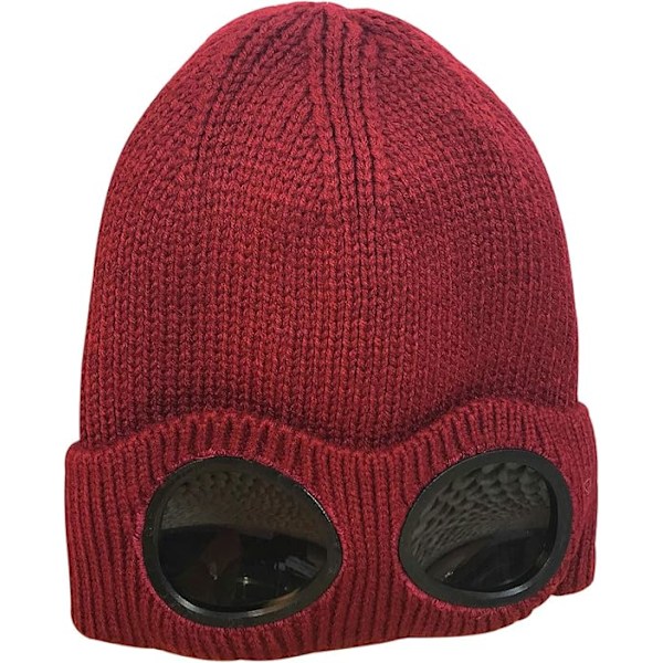 Unisex Goggle Beanie Stickad Vinter Chunky Beanie Hatt Wine red