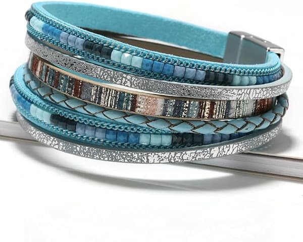 Læder Wrap Armbånd til Kvinder, Boho Leopard Multi-Layer Krystal Perler Manschet Armbånd Smykker blue
