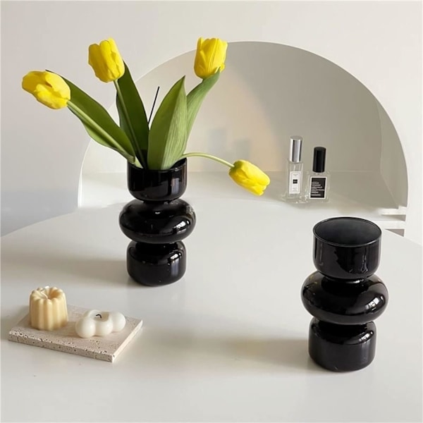 Glasvas för hydroponisk odling, 7'' Svart Glasvas för Blommor, Blomvas för Heminredning, Modern Geometrisk Glasvas (Svart) Black