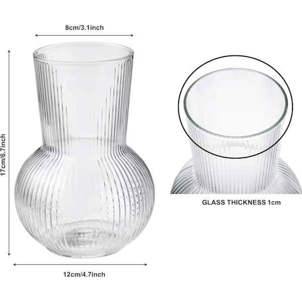 Vas, Vas för blommor, Ribbad Glasvas, 17 cm | 6,6 tum Blomvas, Ledoir, Vas för Blommor, Rosor, Knopp, Pion eller Tulpan