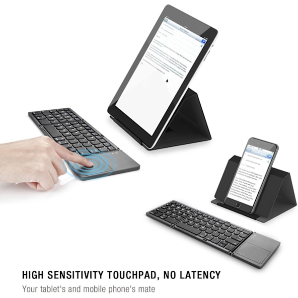 Sammenleggbart Bluetooth-tastatur, bærbar mini trådløst BT-tastatur i lommeformat med berøringsplate for Android, Windows, PC, nettbrett