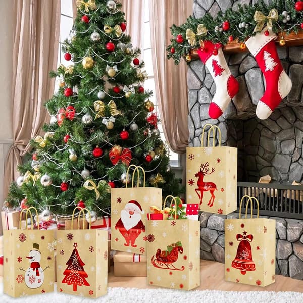 24 st Julklappspåsar, Bruna Julpåsar av Papper, Julgodispåsar, Presentpåsar med Handtag, Julpresentpåsar