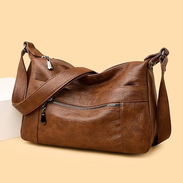 Dam Läder Crossbody Väskor Multi Ficka Mjukt Dam Läder Axelväska Handväska Lättviktig med Justerbar Axelrem
