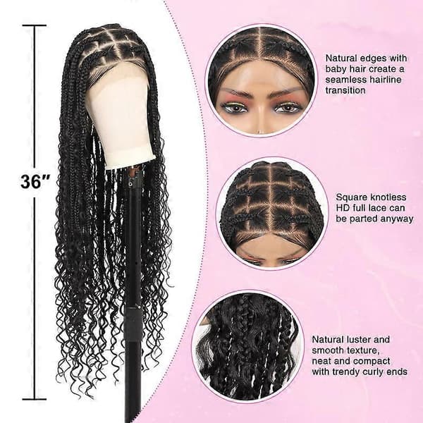 36 tum HD 360 Full Lace Front Flätade Peruker för Kvinnor Flätperuk