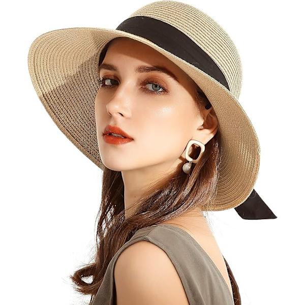 Dam solhatt i halm med bred brätte, hopfällbar strandhatt, UV UPF 50+, solhatt för kvinnor, sommar, resehatt, svart rosett-beige