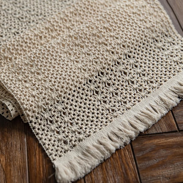 Boho Beige Macrame Bordlöpare med fransar, Bohemisk vävd bomullsvirkad spets, Rustik Heminredning (Beige, 30x180cm)