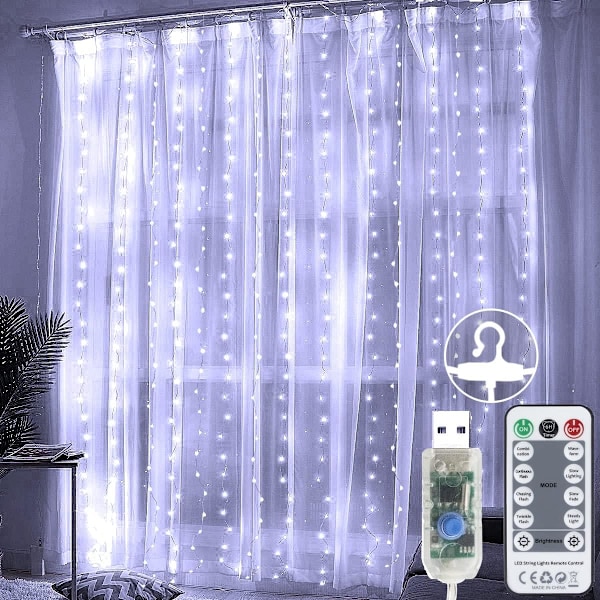 LED Gardinlys Lyskæde, 3m × 3m 300 USB Fe Lys 8 Tilstande med Fjernbetjening (Kold Hvid)