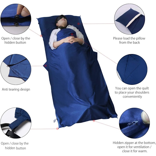Reise Lakenpose, Bomull Slitesterk og Supermyk 220 x 115cm for Camping Sovepose, Vandrerhjem, Busser, Piknik, Tog med Putelommer