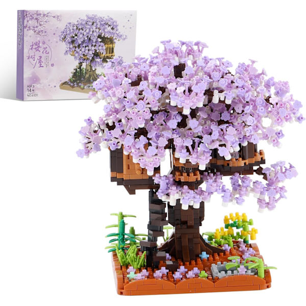 Körsbärsblomsträd Hus Byggstenar Set, 2000+ PCS Konstgjord Bonsai Träd Kit, Nano Växt Blommor Byggstenar Set (Lila)