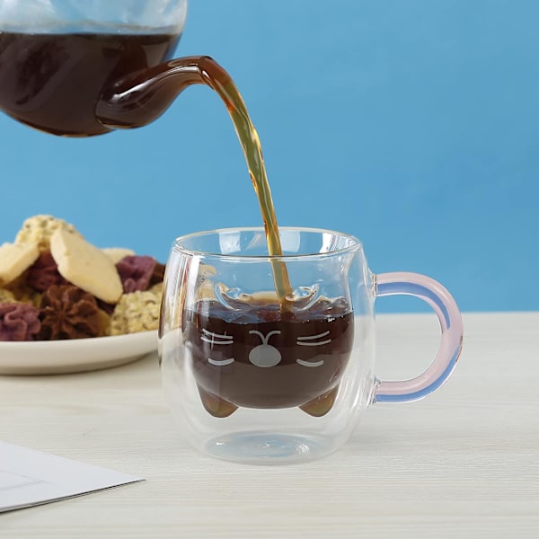 Qinhai Söt Katt Kaffekopp, Dubbelväggig Glas Tekopp, Alla Hjärtans Dag Påsk Mors Dag Examen Jul, Presenter till Kvinnor Fru Mamma