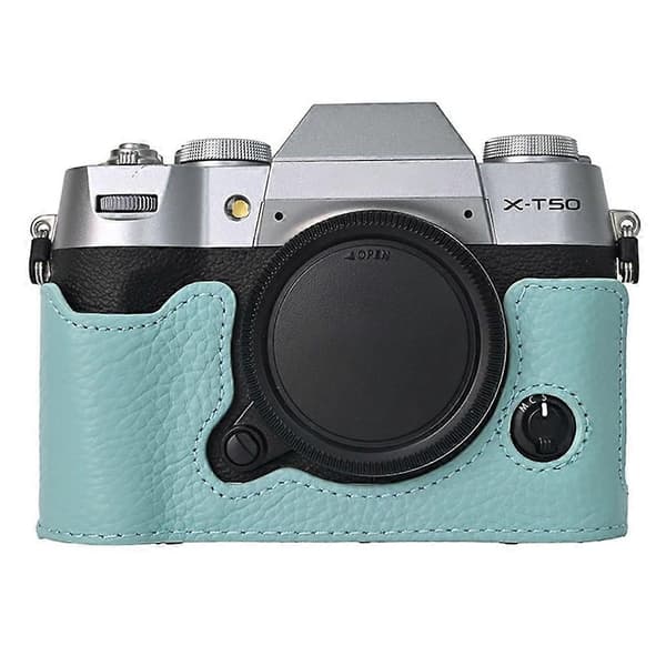 Q8k Kameraväska för Fujifilm X-T50 Stor Öppning Äkta Koläder B5D Skydd med Handledsrem