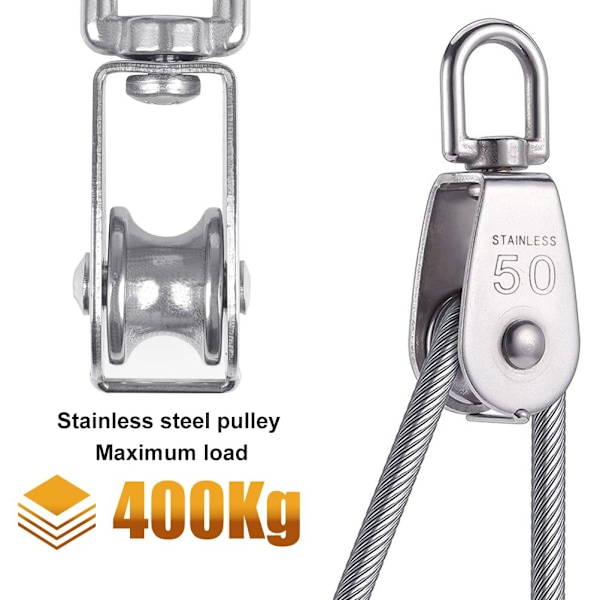 2 stk. Tungt Last Single Hjul M50 Rustfritt Stål Hjul Rulle 360 Grader Svingbart Hjul for Tau Bærelast opptil 400KG
