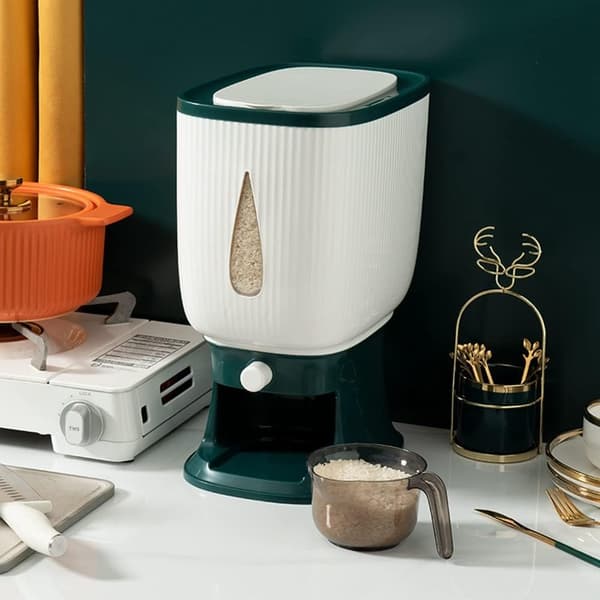 10 kg automatisk risdispenser med skylleskål, risdispenser, risoppbevaring, risbøtte, husholdnings risboks - A