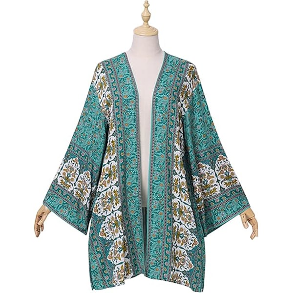 Kimono Cardigan för Dam Bohemisk Blommig Tryck Strandöverdrag 3/4 Ärm Chiffong Bikini Sarong Sjal Toppar Style 2 M