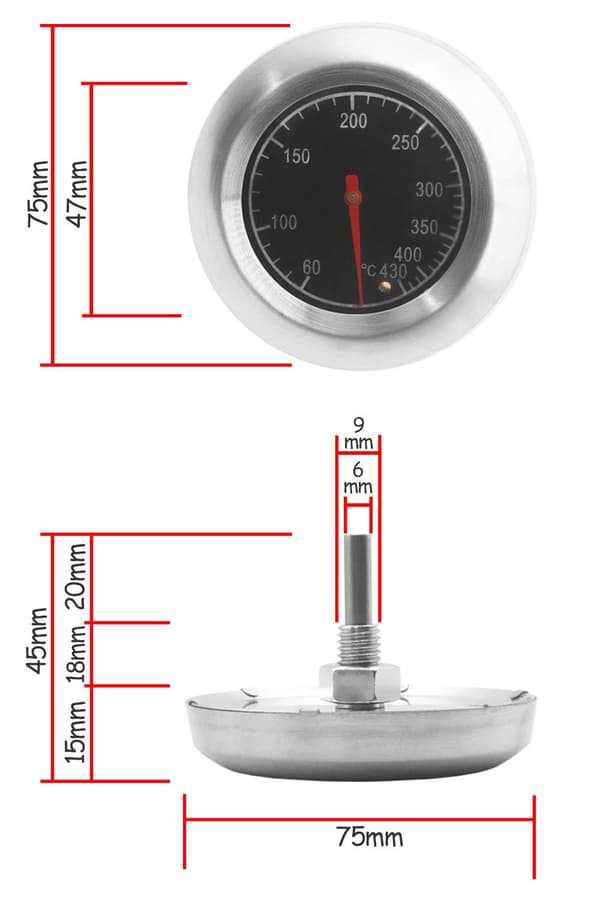 Högtemperaturbeständig grilltermometer i rostfritt stål, 7,5 cm i diameter, 10 °C till 400 °C.