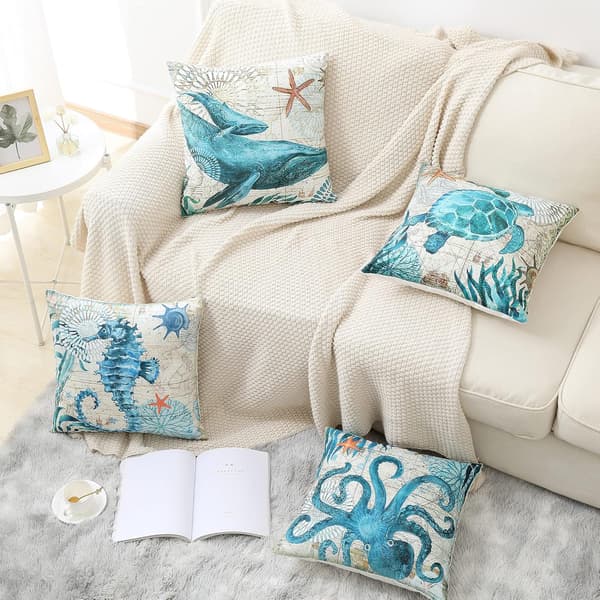 Pudebetræk 45x45 cm, Moderne Pudebetræk Sæt af 4 Elegante Dekorative Pudebetræk til Sofa Bil Seng Stole (Undervandsdyr)