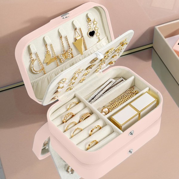 Liten Reseväska för Smycken - Halsband, Ringar, Armband, Örhängen - Premium Konstläder -(Rosa)