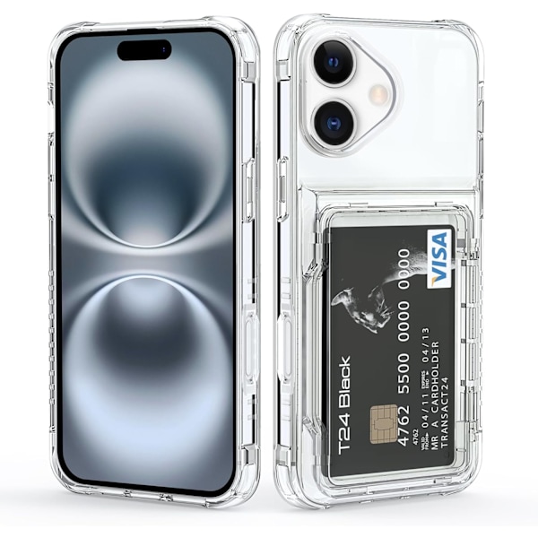 iPhone 16 -kotelo korttipidikkeellä, läpinäkyvä lompakkokotelo, 2 korttipaikkaa, pehmeä TPU+kova PC-puskuri, iskunkestävä kotelo, läpinäkyvä