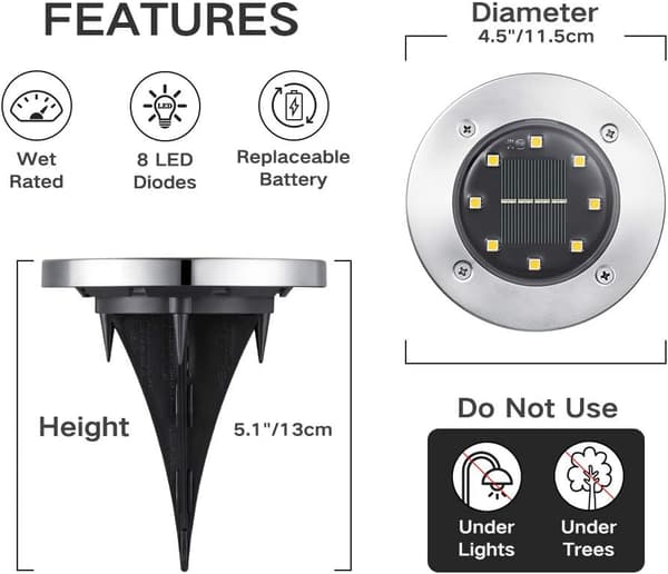 [12 stykker] Solcelle bakken lys hage hvit, 8 LED 6000K vanntett IP65 utendørs solcelle spotlight innfelt belysning