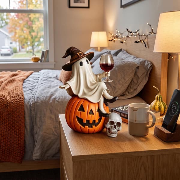 Sjov Halloween Dekorationsfigur, Heksespøgelse siddende på græskar, Efterårsornament til Halloweenfest